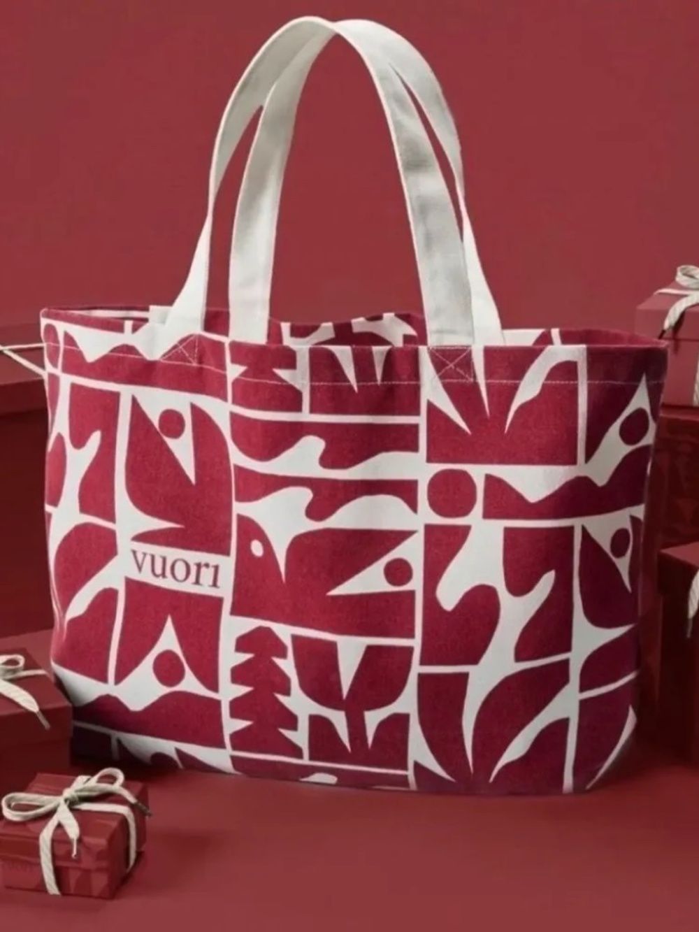 Vuori Red White Abstract/Geometric Print LARGE Canvas Tote - Picture 2 of 4